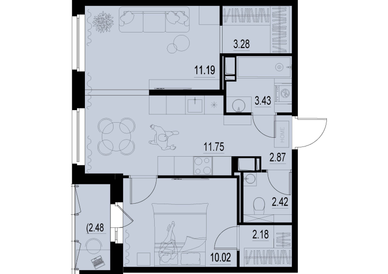 2-комнатная (Евро) квартира, 48.38 м² - планировка, фото №1