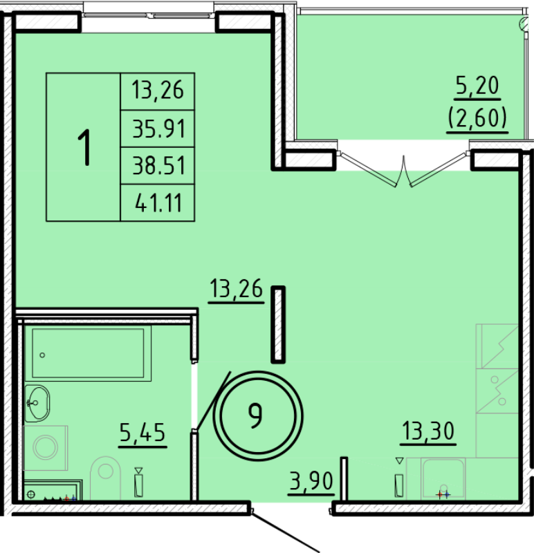 1-комнатная квартира, 35.91 м² - планировка, фото №1