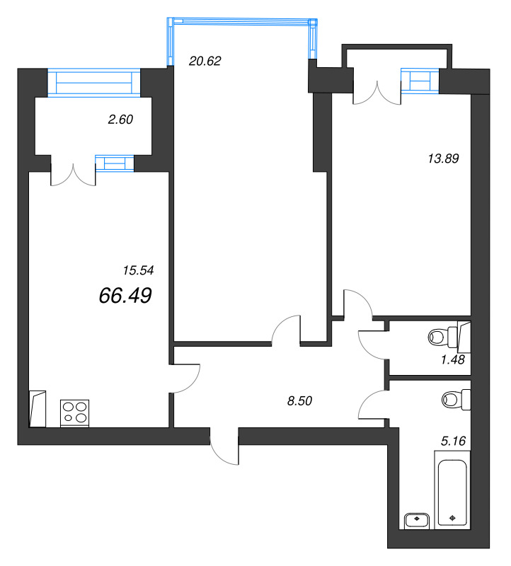 3-комнатная (Евро) квартира, 66.49 м² в ЖК "Наука" - планировка, фото №1