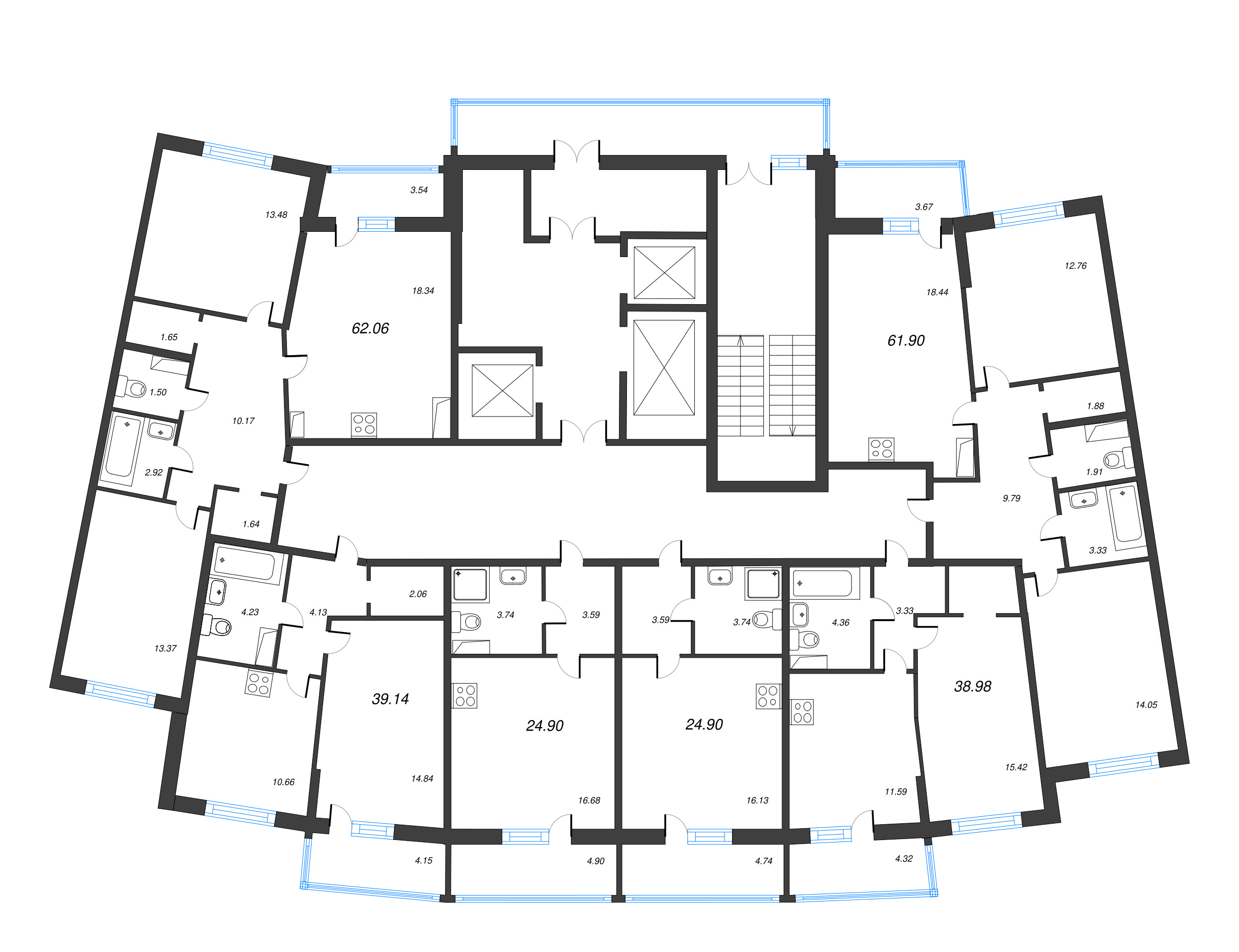 2-комнатная (Евро) квартира, 38.98 м² в ЖК "Дом Левитан" - планировка этажа