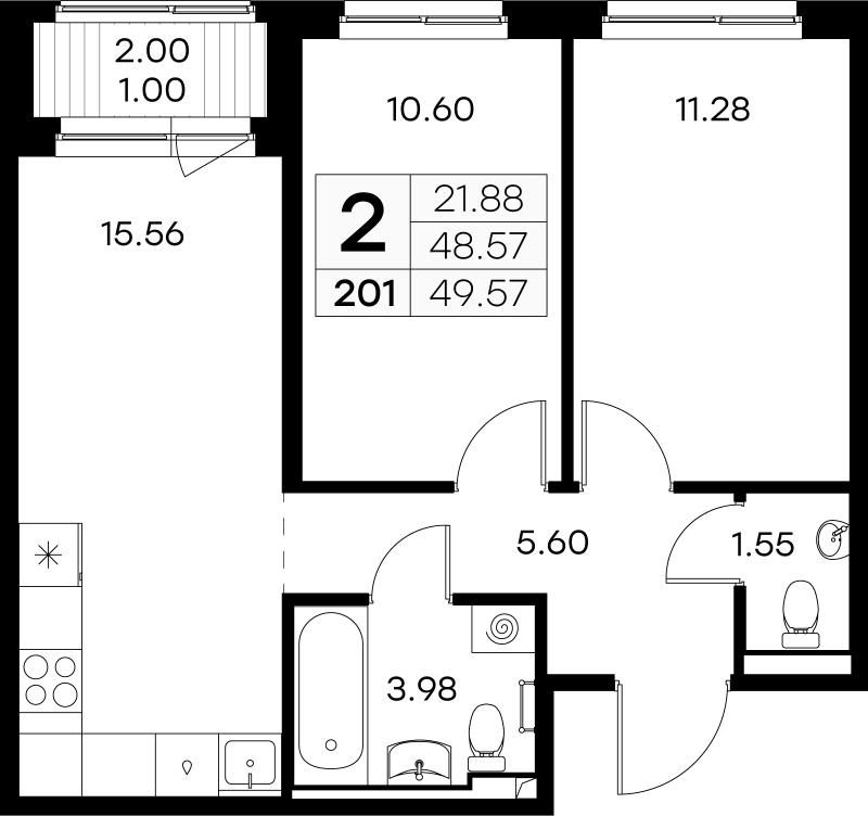 3-комнатная (Евро) квартира, 49.57 м² - планировка, фото №1