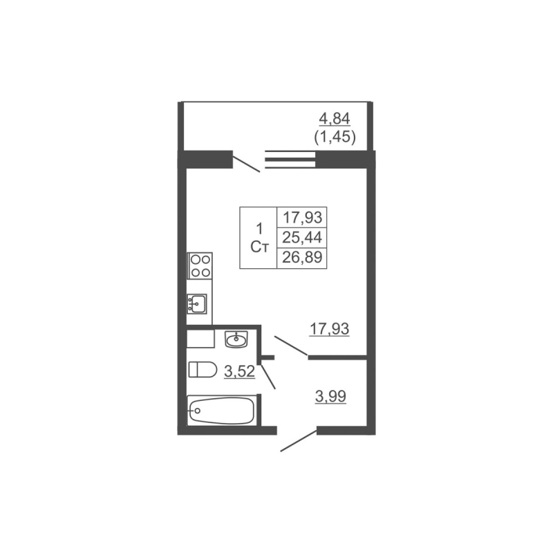 Квартира-студия, 26.89 м² в ЖК "Тандем" - планировка, фото №1