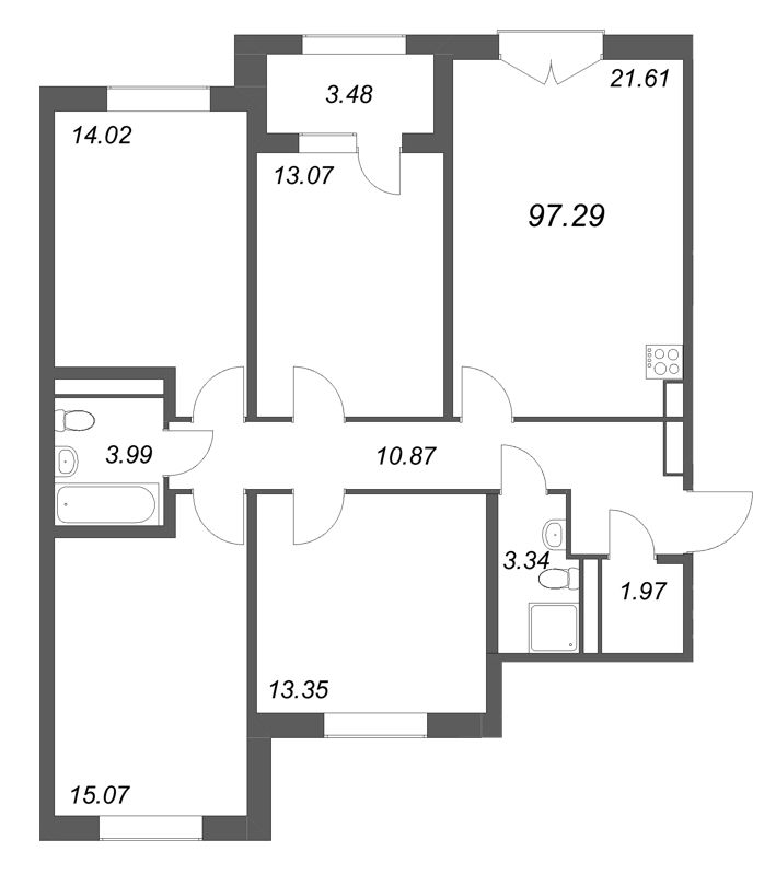5-комнатная (Евро) квартира, 97.29 м² в ЖК "Дубровский" - планировка, фото №1