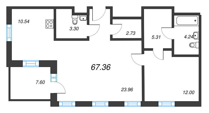 2-комнатная квартира, 67.07 м² в ЖК "Рощино Residence" - планировка, фото №1
