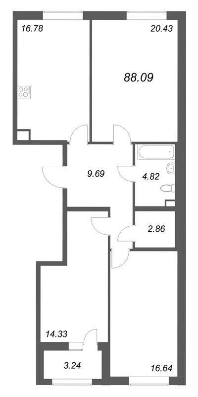 4-комнатная (Евро) квартира, 88.09 м² в ЖК "Аквилон Солар" - планировка, фото №1
