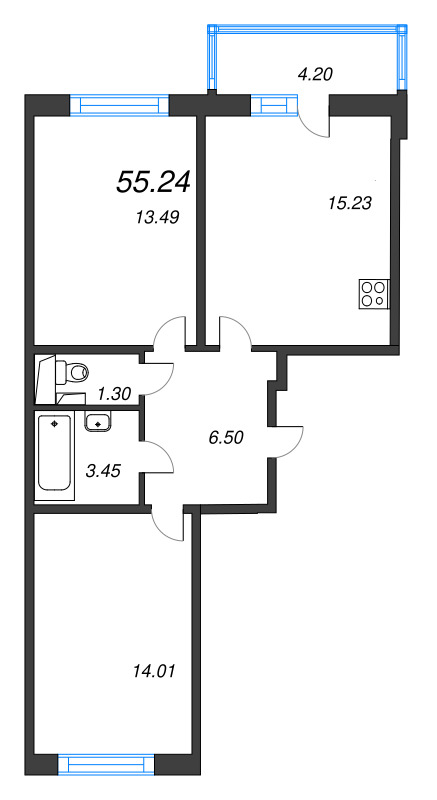 3-комнатная (Евро) квартира, 55.24 м² в ЖК "Аэросити" - планировка, фото №1