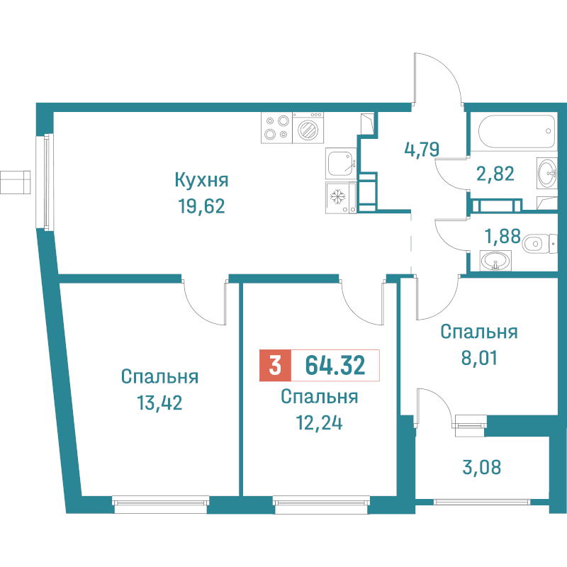 4-комнатная (Евро) квартира, 64.32 м² в ЖК "Графика" - планировка, фото №1