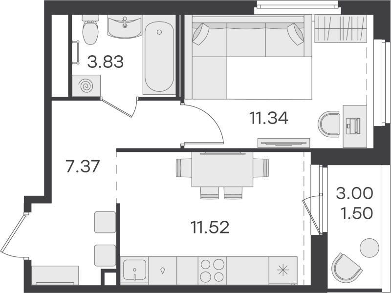 1-комнатная квартира, 35.56 м² в ЖК "GloraX Парголово" - планировка, фото №1