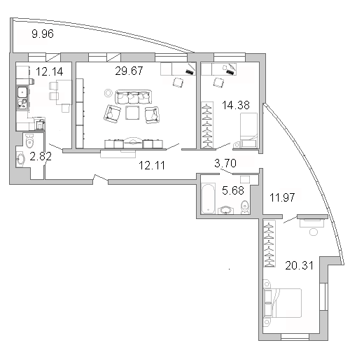 3-комнатная квартира, 114.1 м² - планировка, фото №1