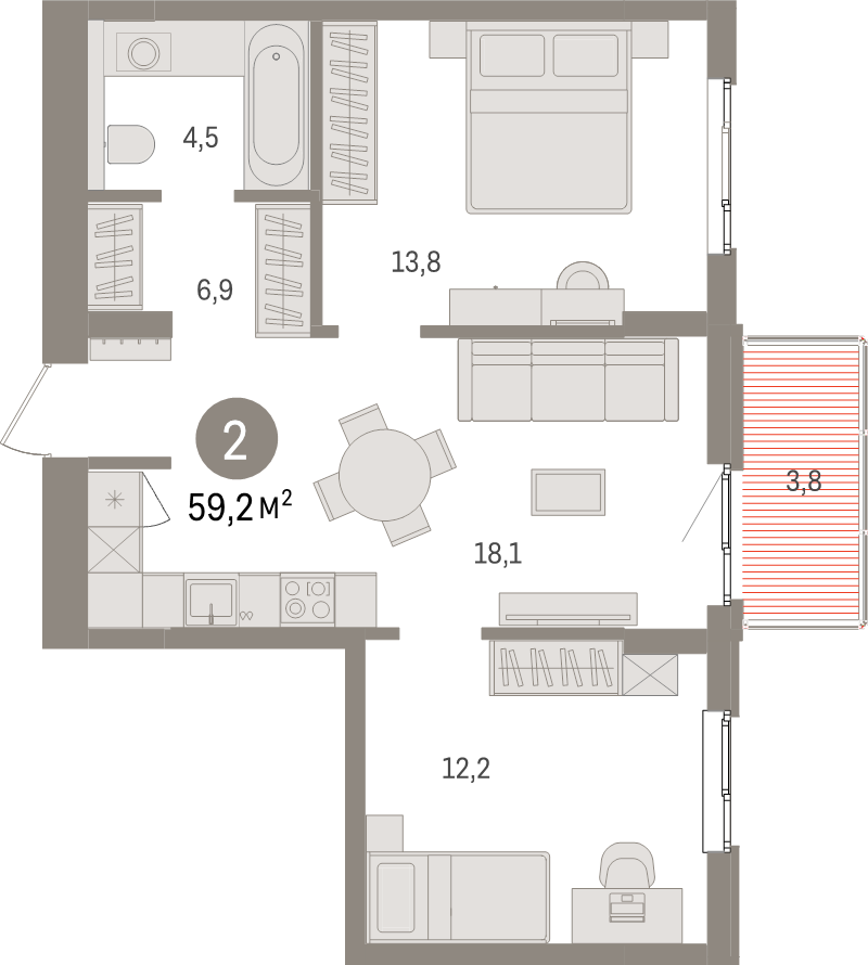3-комнатная (Евро) квартира, 59.2 м² в ЖК "Брусника в Новоселье" - планировка, фото №1