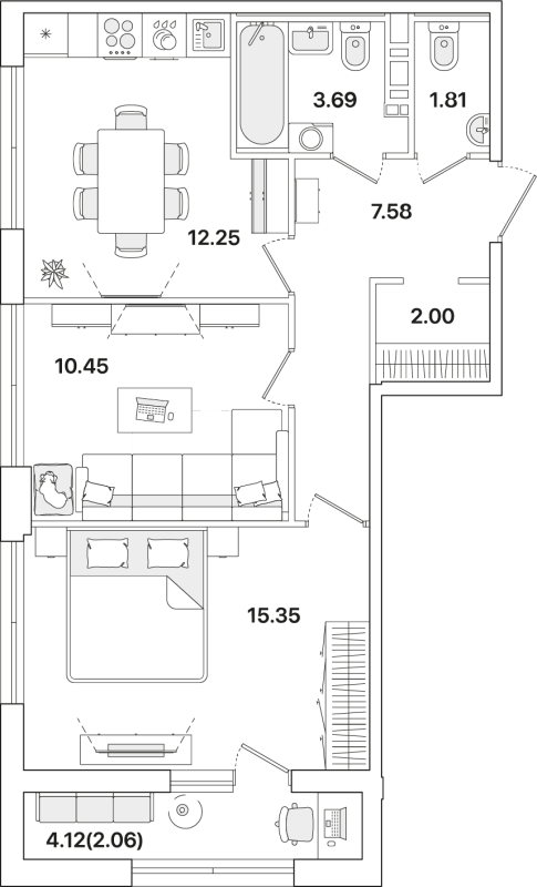 2-комнатная квартира, 55.19 м² - планировка, фото №1