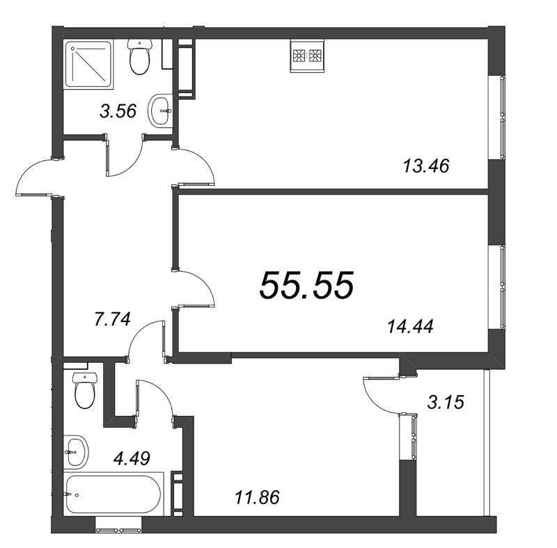 2-комнатная квартира, 55.55 м² в ЖК "Чёрная речка от Ильича" - планировка, фото №1