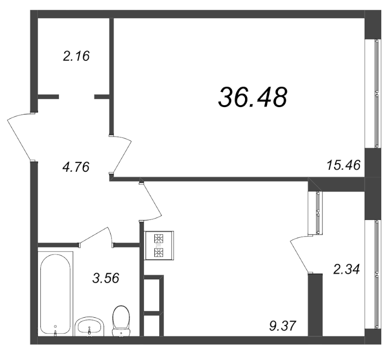 1-комнатная квартира, 36.48 м² - планировка, фото №1
