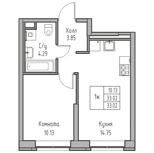 1-комнатная квартира, 33.02 м² в ЖК "Юнтолово" - планировка, фото №1