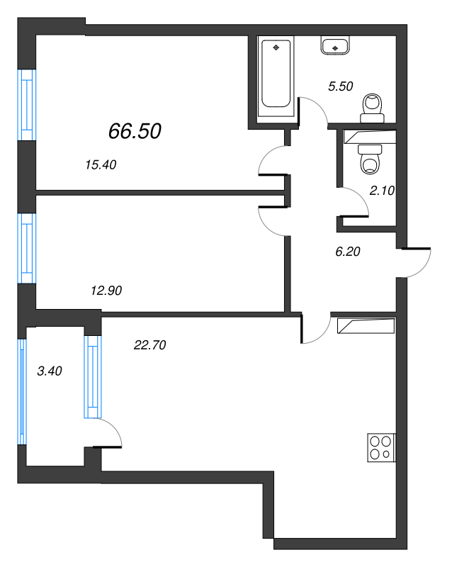 3-комнатная (Евро) квартира, 66.3 м² - планировка, фото №1