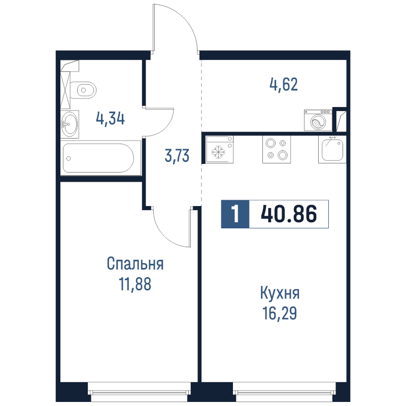 2-комнатная (Евро) квартира, 40.86 м² в ЖК "Максималист" - планировка, фото №1