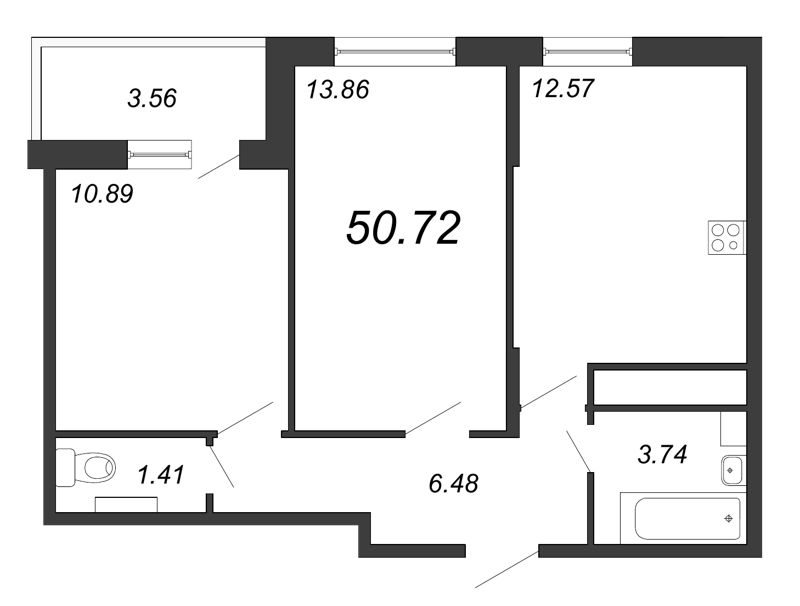 2-комнатная квартира, 50.73 м² - планировка, фото №1