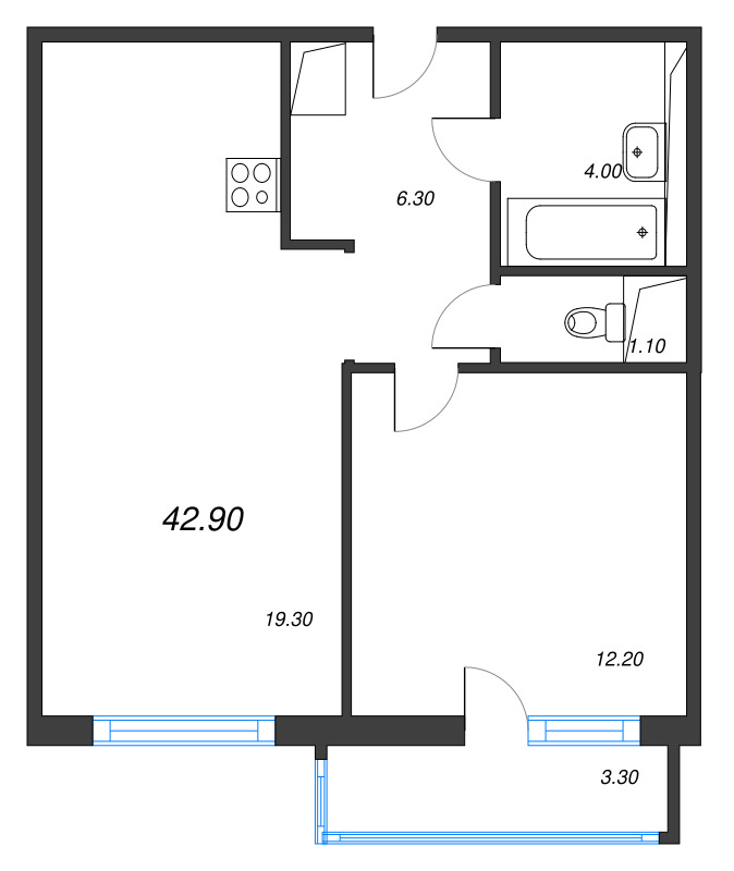 2-комнатная (Евро) квартира, 42.9 м² в ЖК "Руднева 15" - планировка, фото №1
