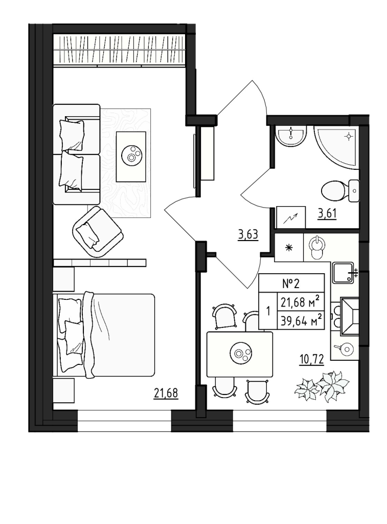 1-комнатная квартира, 39.64 м² в ЖК "Верево Сити" - планировка, фото №1