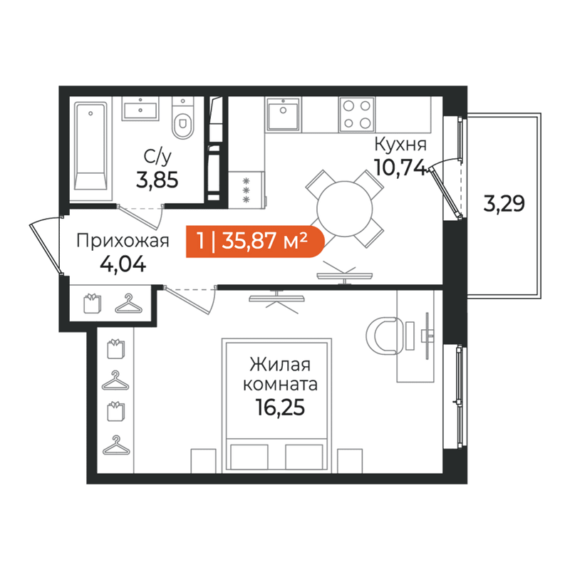 1-комнатная квартира, 35.87 м² в ЖК "Алгоритм Квинта" - планировка, фото №1