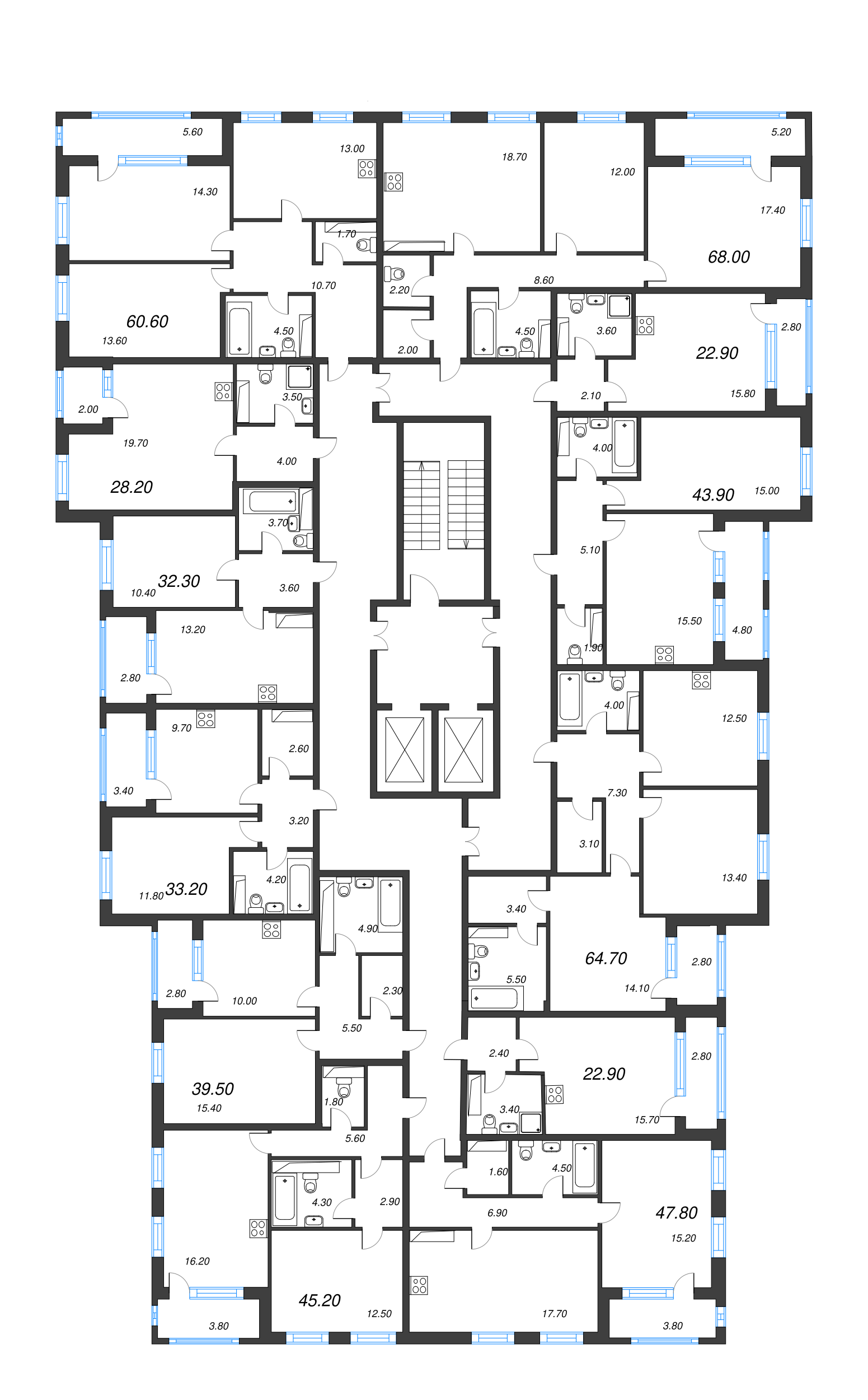 2-комнатная (Евро) квартира, 43.9 м² - планировка этажа