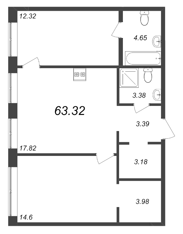 3-комнатная (Евро) квартира, 63.32 м² - планировка, фото №1