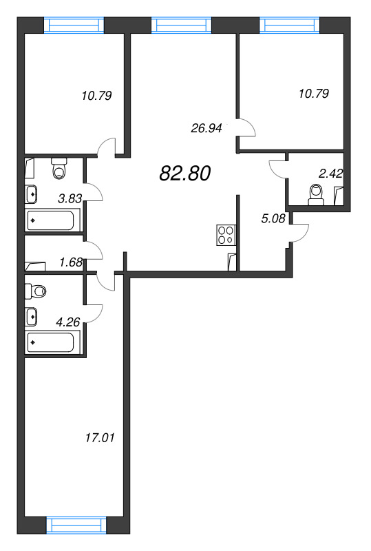 4-комнатная (Евро) квартира, 82.8 м² в ЖК "Остров Первых" - планировка, фото №1