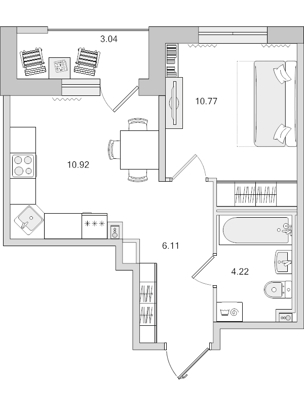 2-комнатная (Евро) квартира, 35.06 м² в ЖК "Город Первых" - планировка, фото №1