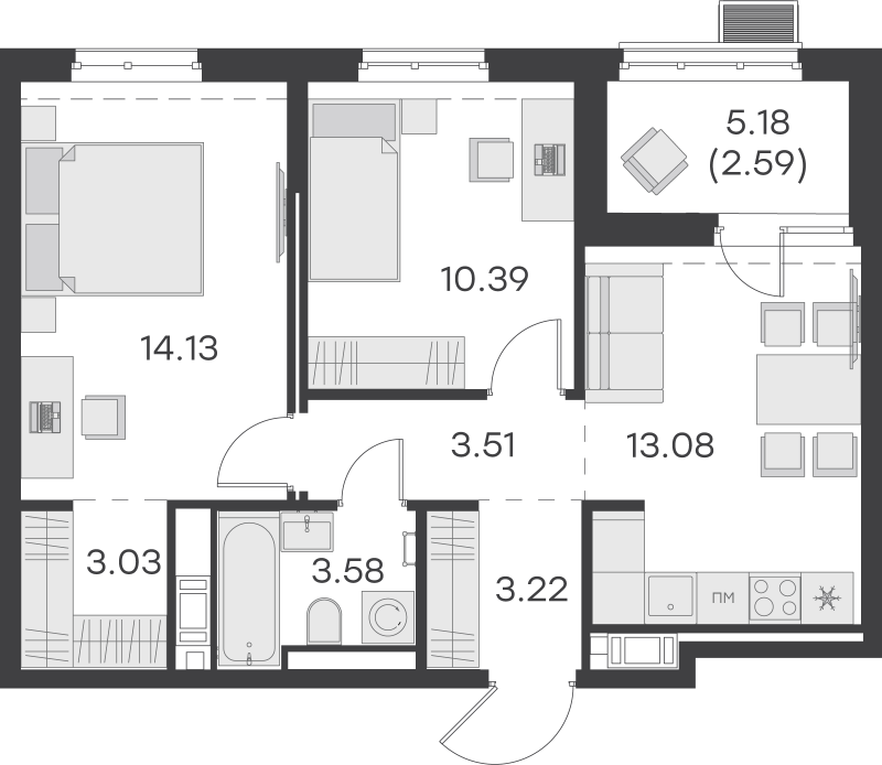 2-комнатная квартира, 53.53 м² - планировка, фото №1