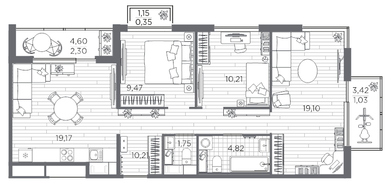 4-комнатная (Евро) квартира, 78.41 м² - планировка, фото №1