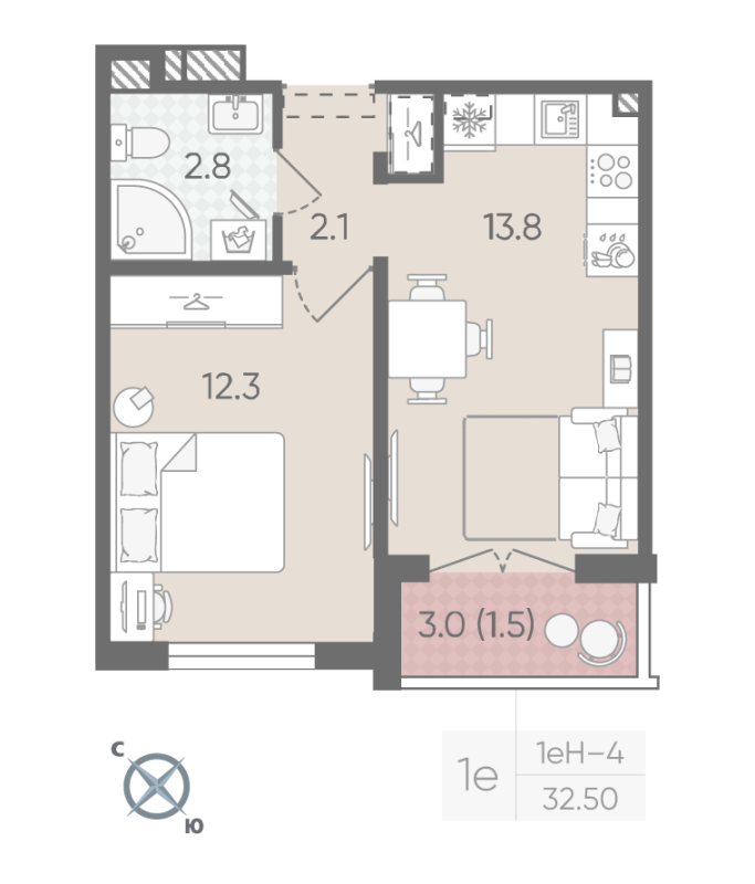 1-комнатная квартира, 32.5 м² в ЖК "Пейзажный квартал" - планировка, фото №1