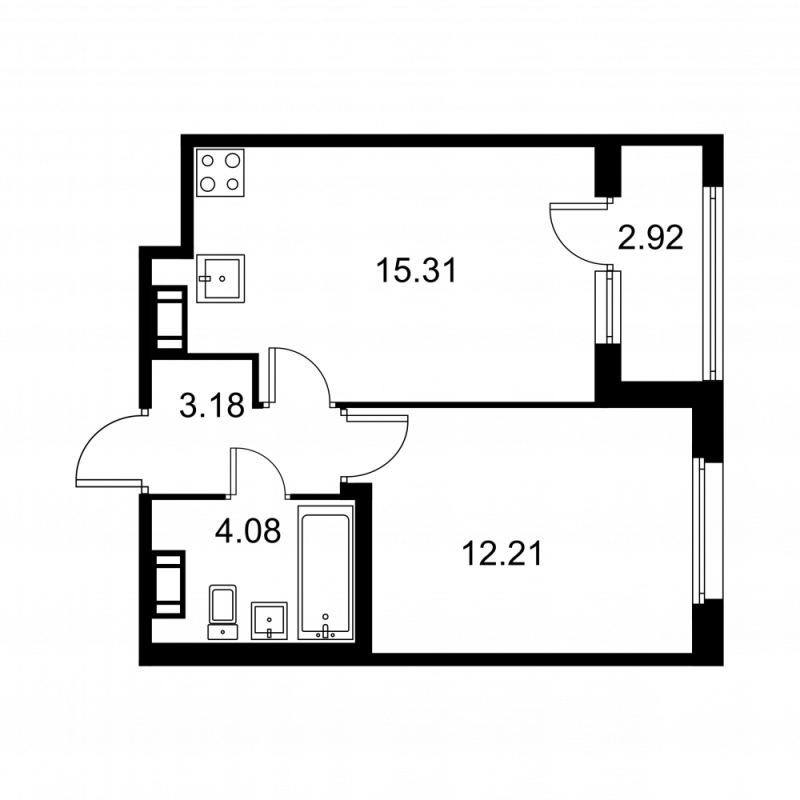 2-комнатная (Евро) квартира, 36.24 м² - планировка, фото №1