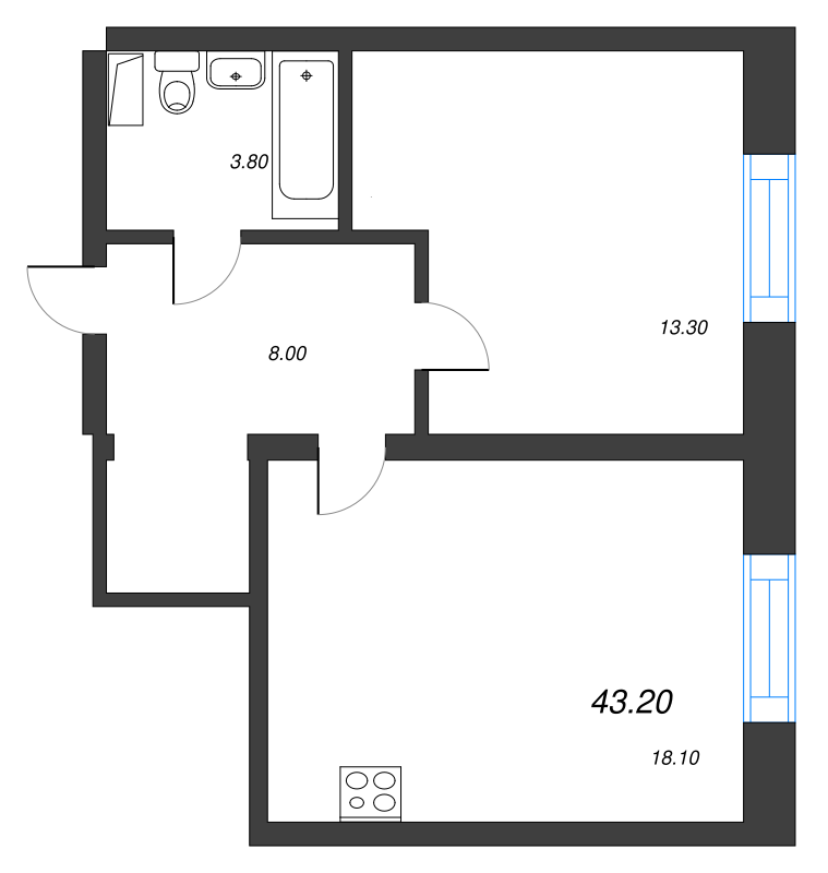 2-комнатная (Евро) квартира, 43 м² в ЖК "Neva Haus" - планировка, фото №1