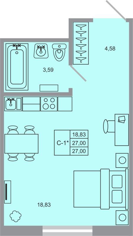 Квартира-студия, 27 м² - планировка, фото №1