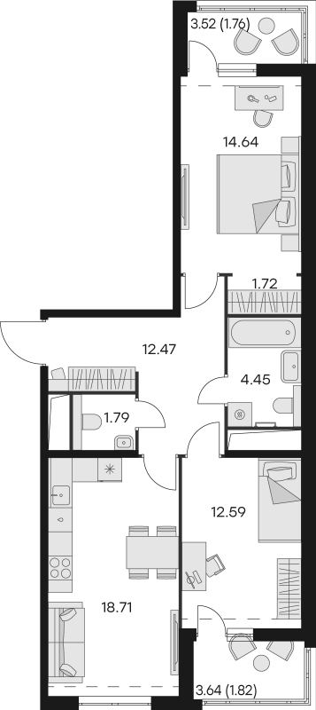 2-комнатная квартира, 69.95 м² - планировка, фото №1