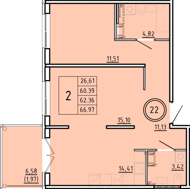 2-комнатная квартира, 60.39 м² в ЖК "Образцовый квартал 16" - планировка, фото №1