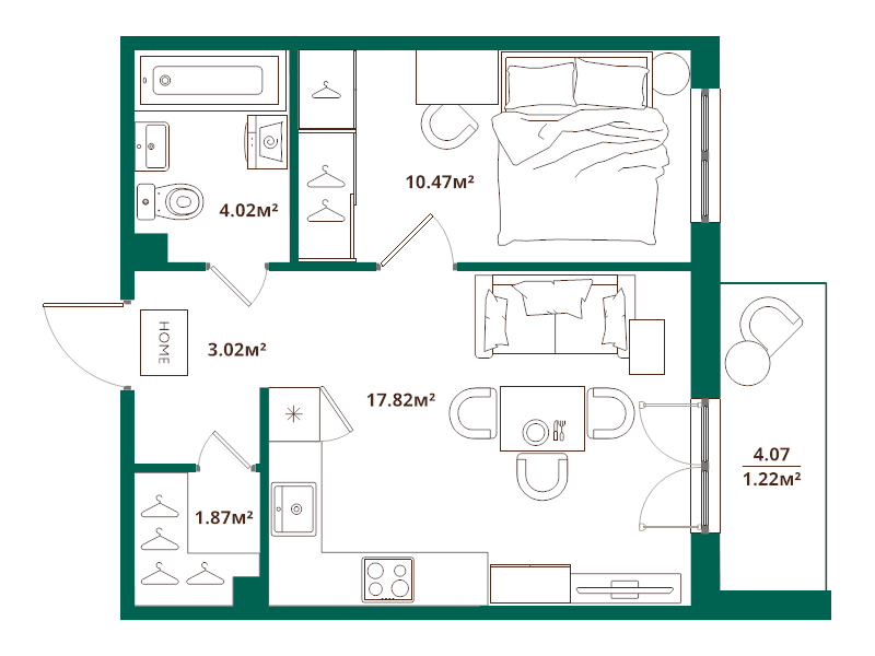 2-комнатная (Евро) квартира, 38.42 м² - планировка, фото №1