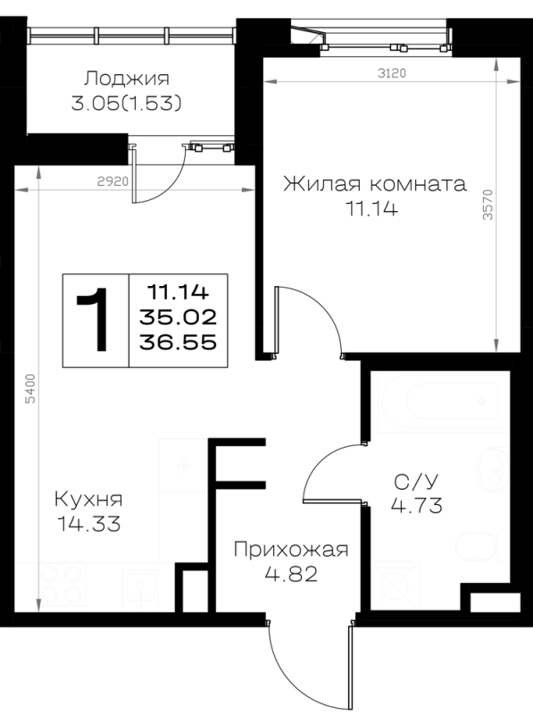 1-комнатная квартира, 36.55 м² - планировка, фото №1