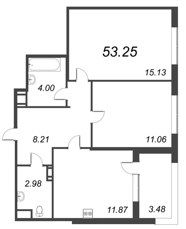 2-комнатная квартира, 53.25 м² - планировка, фото №1