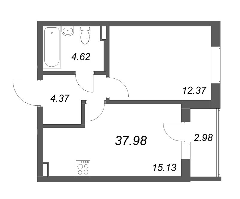 2-комнатная (Евро) квартира, 37.98 м² - планировка, фото №1