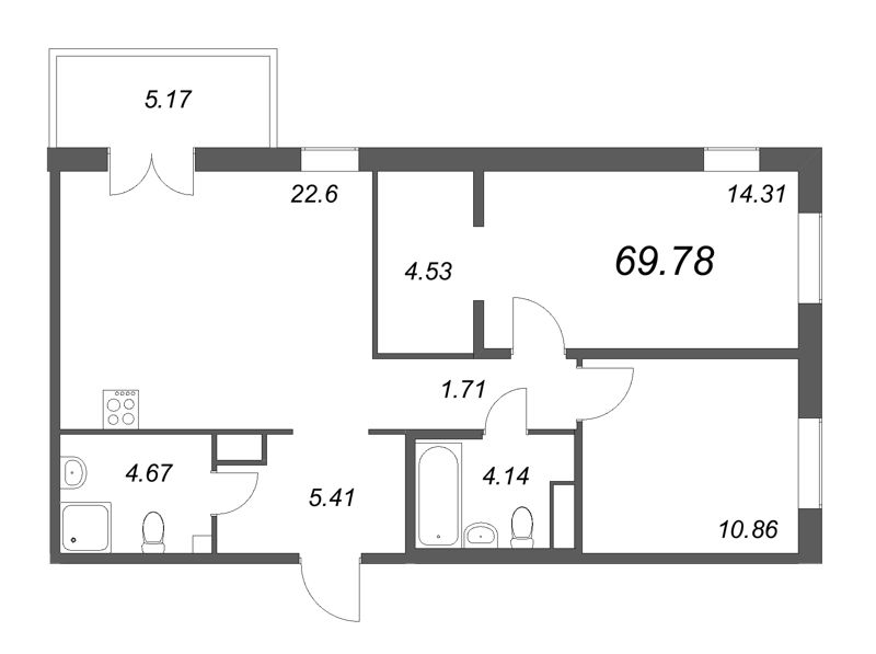 3-комнатная (Евро) квартира, 70 м² в ЖК "IQ Гатчина" - планировка, фото №1
