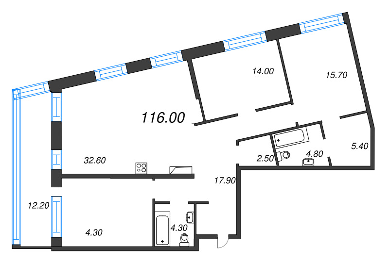 4-комнатная (Евро) квартира, 116 м² - планировка, фото №1