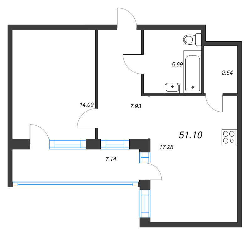 2-комнатная (Евро) квартира, 51.1 м² в ЖК "Энфилд" - планировка, фото №1