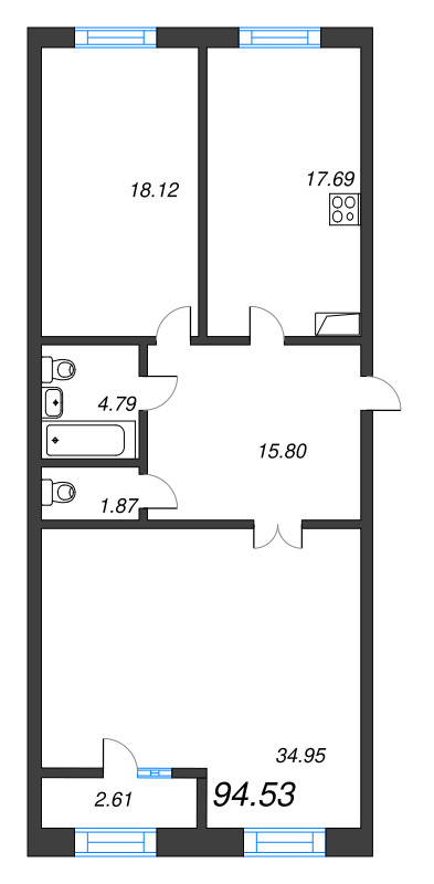3-комнатная (Евро) квартира, 94.6 м² - планировка, фото №1