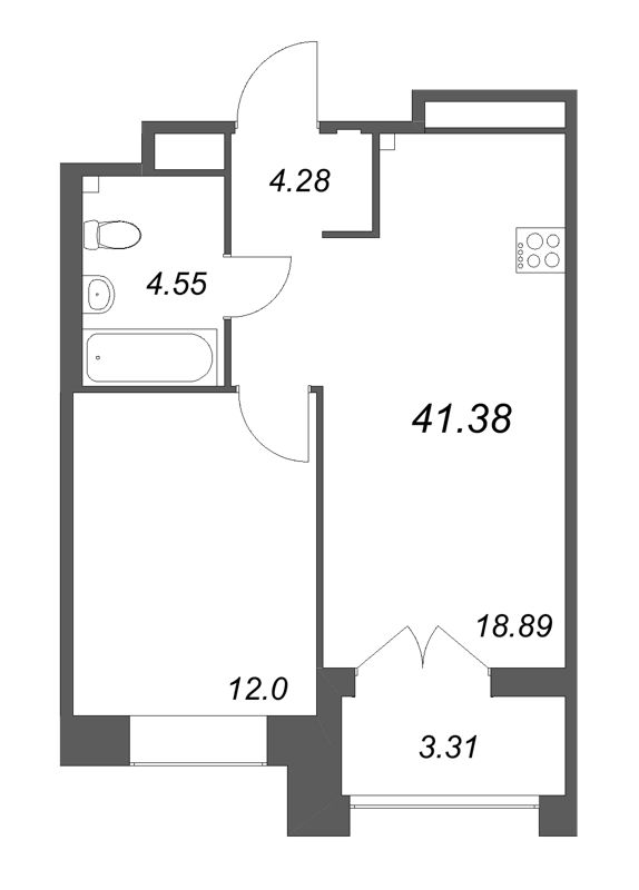 2-комнатная (Евро) квартира, 41.38 м² в ЖК "Ranta Residence" - планировка, фото №1