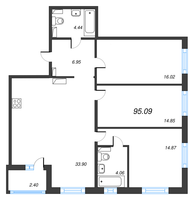 4-комнатная (Евро) квартира, 95.09 м² в ЖК "Чёрная речка" - планировка, фото №1