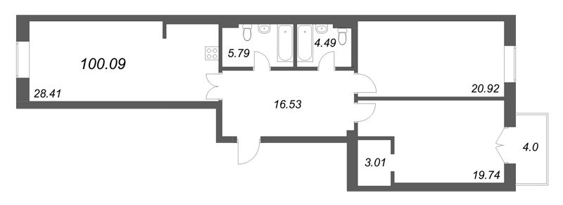 3-комнатная (Евро) квартира, 100.09 м² в ЖК "Фонтанка 130" - планировка, фото №1