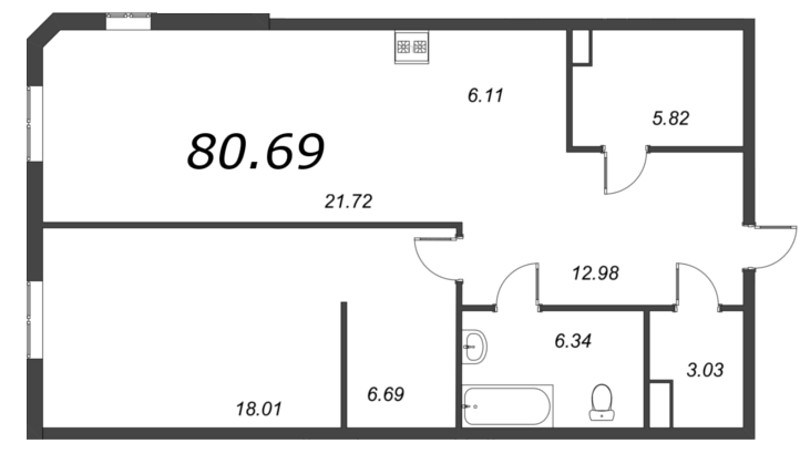 2-комнатная (Евро) квартира, 79.72 м² - планировка, фото №1