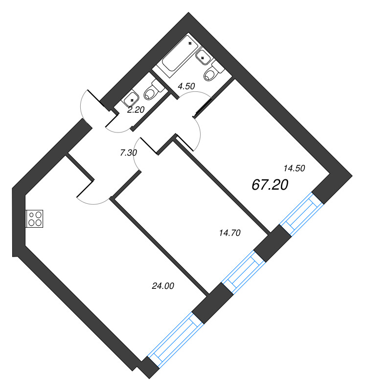 2-комнатная квартира, 67.2 м² в ЖК "Листва" - планировка, фото №1