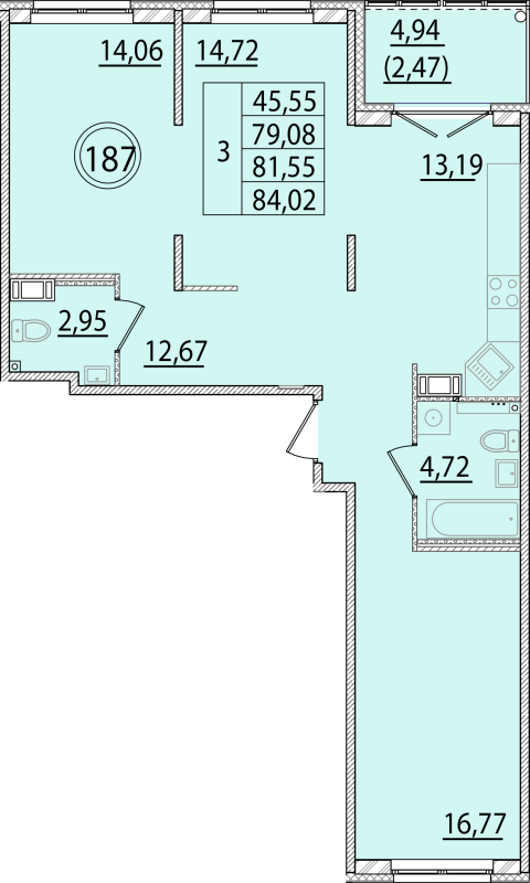 3-комнатная квартира, 79.08 м² - планировка, фото №1